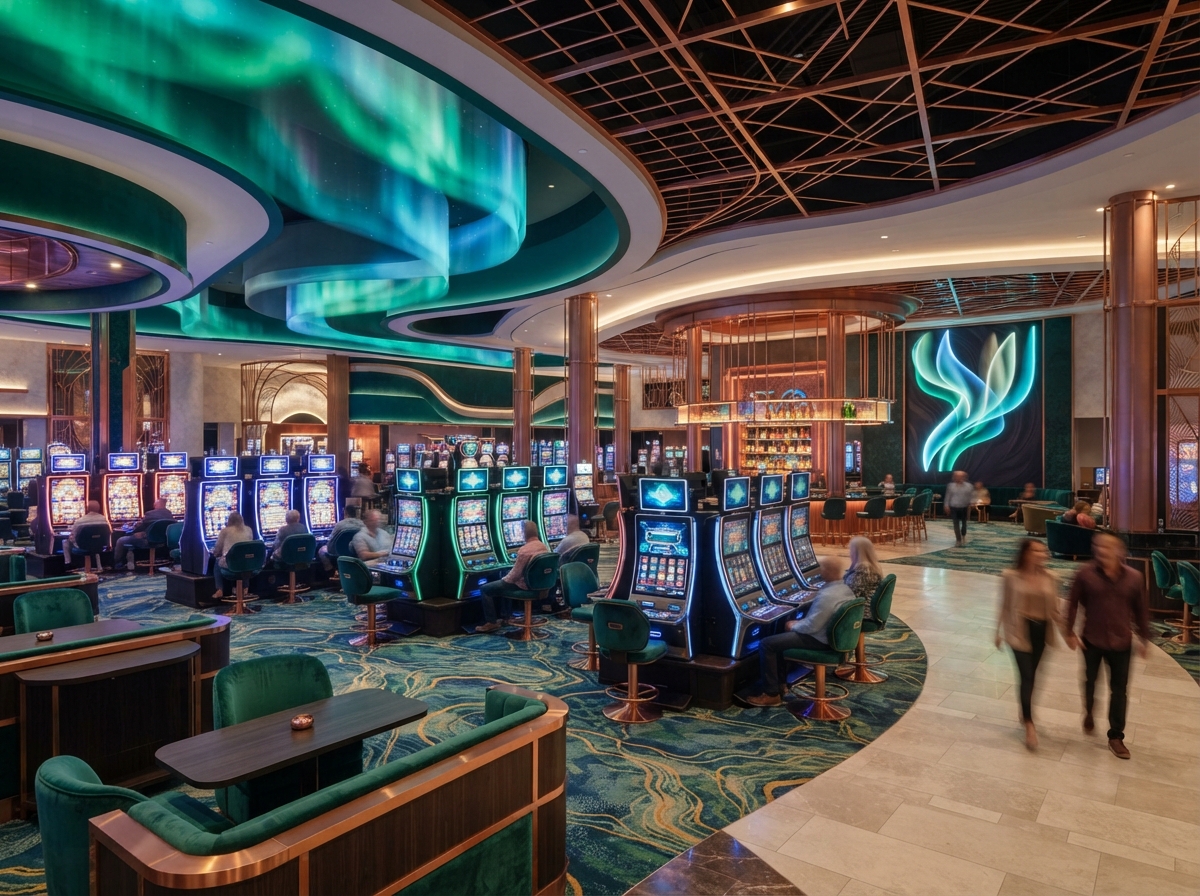 Contemporary gaming and entertainment hall with emerald and teal details