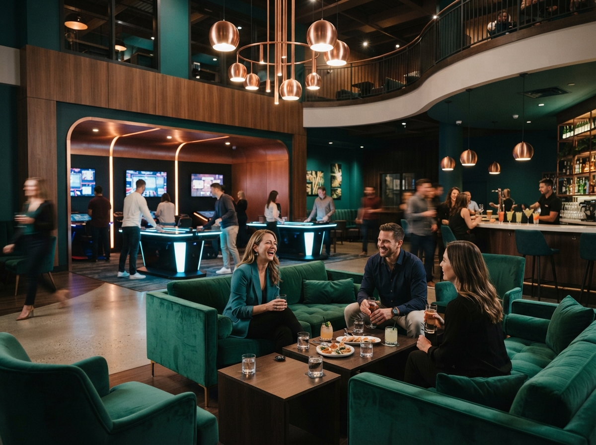 Relaxed evening entertainment venue with modern gaming area